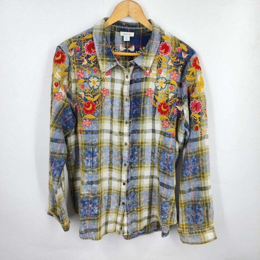 Sundance Women's Cliffside Meadow Embroidered Floral Flannel Button Up Size XL